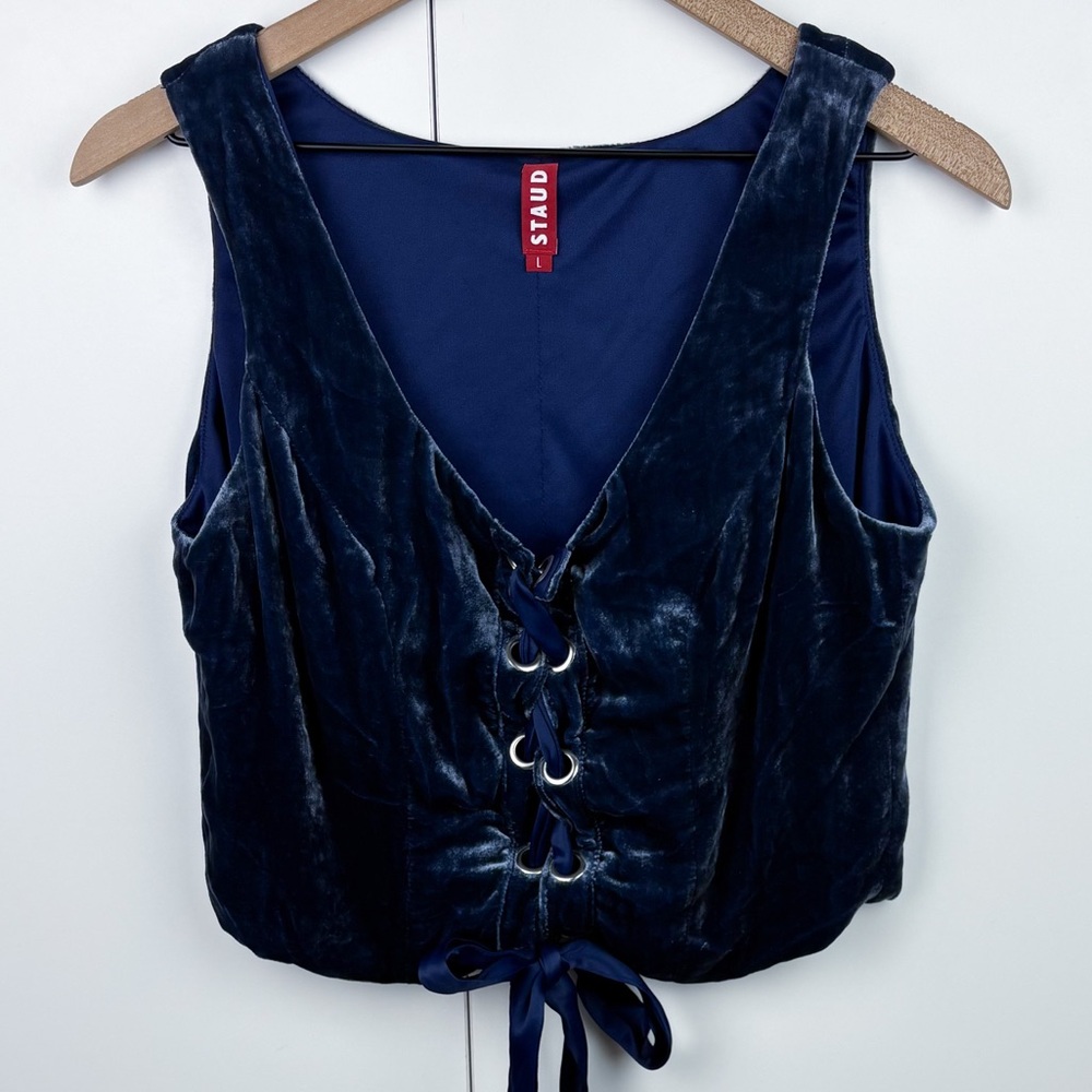 STAUD Blue Velvet Lace-Up Satin Ribbon Crop Tank Top Large